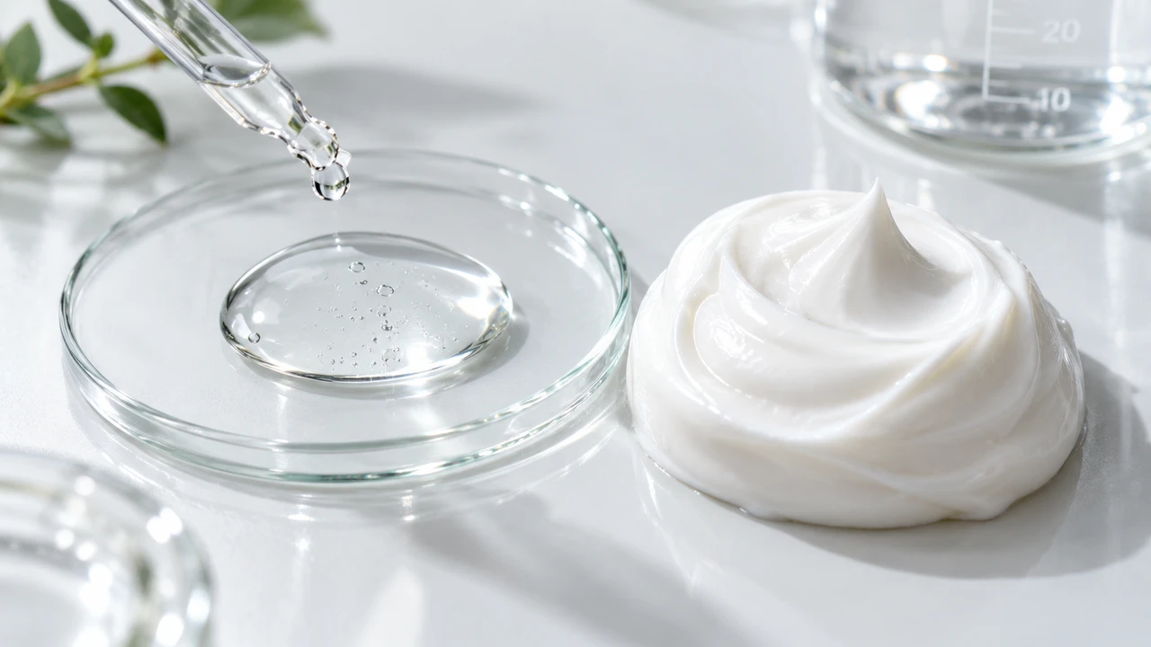 Comparison of lightweight serum droplet and rich barrier cream textures