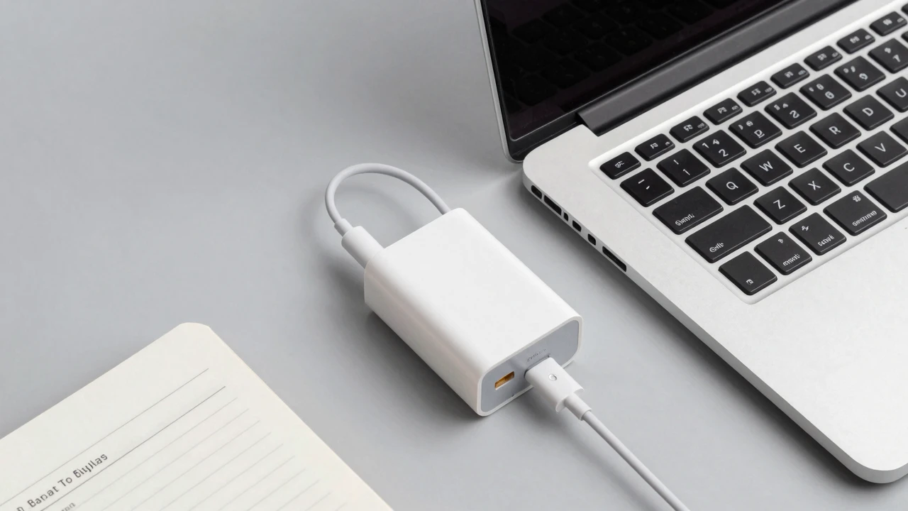 Laptop power adapter and accessories laid out alongside an expense checklist
