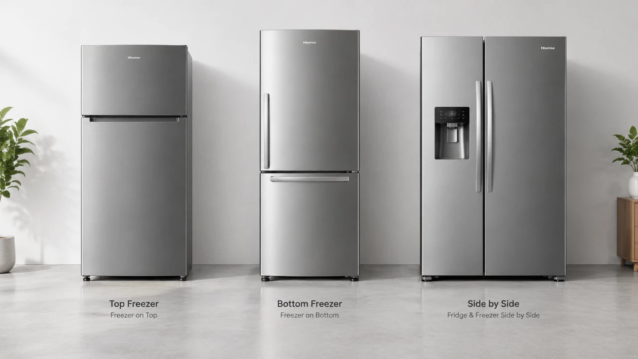 Comparison of three refrigerator configurations showing top freezer, bottom freezer, and side-by-side layouts