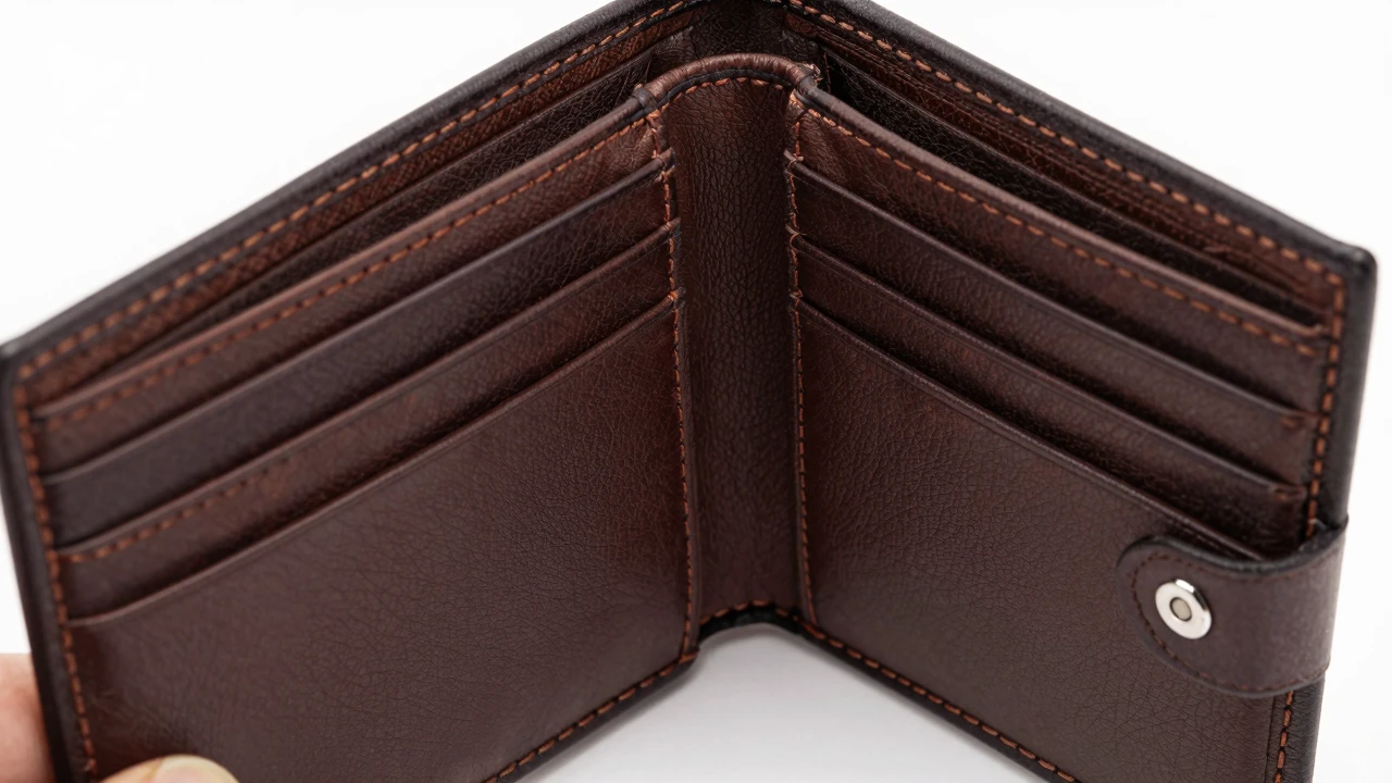 Close-up view of wallet card slots, stitching details, and open bill compartment